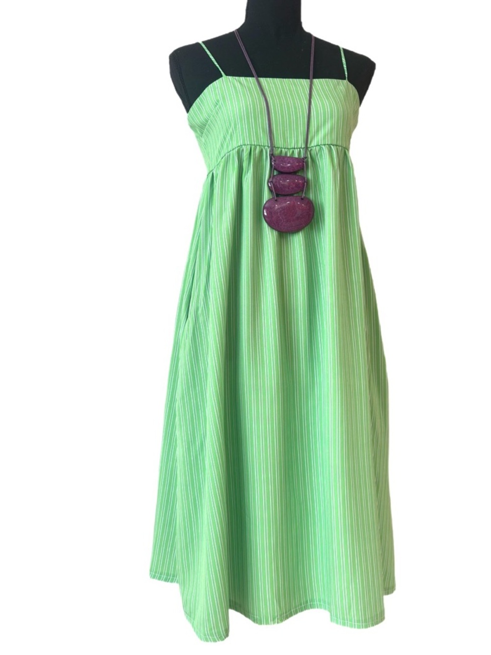 FASHION DRESS ~ Green Pin-Striped Lightweight Spaghetti Strap Sundress